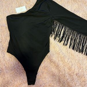 Black One-Shoulder Fringe Bodysuit